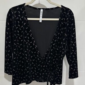 Black Plus Size 2x Velvet Wrap Top with Subtle Crescent Moon Pattern Whimsigoth